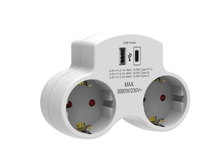 2-osainen haarapistorasia 1xUSB-A 1xUSB-C