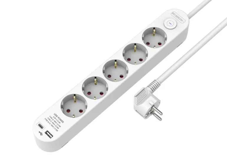 5-osainen jatkojohto 1xUSB-A 1xUSB-C